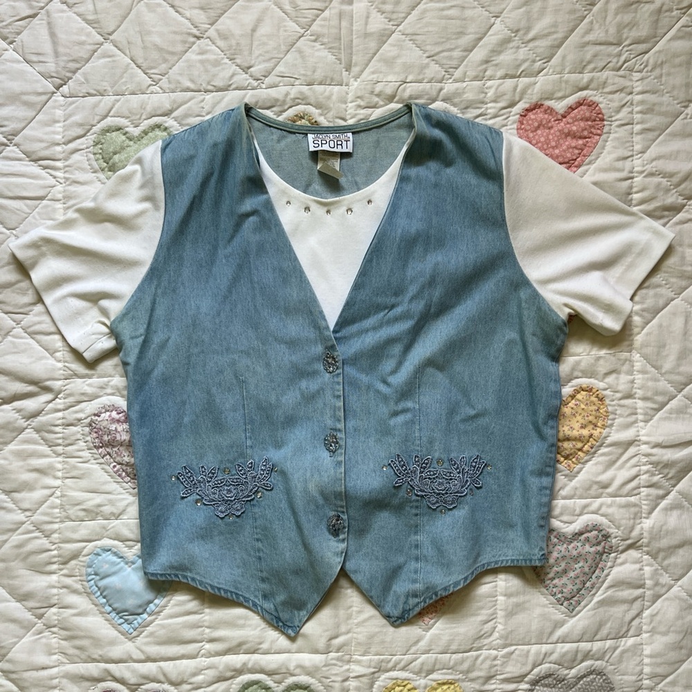 Jaclyn Smith Sport women chambray vintage blue denim embroidered vest top size M